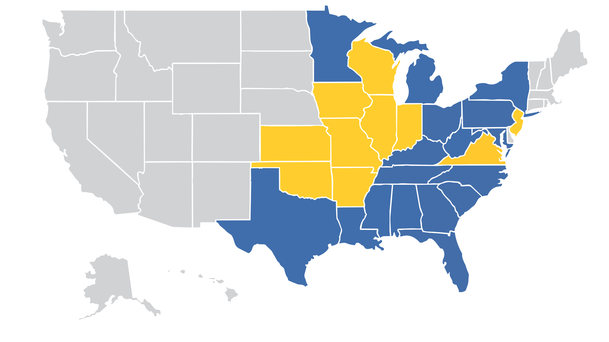 United States map showing Shade Tree MSA customer states in yellow and additional storm-response coverage in blue.