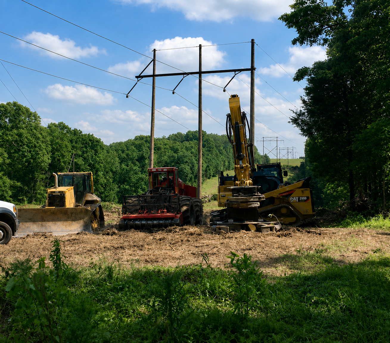 Vegetation management equipment working along an overhead utility right-of-way.